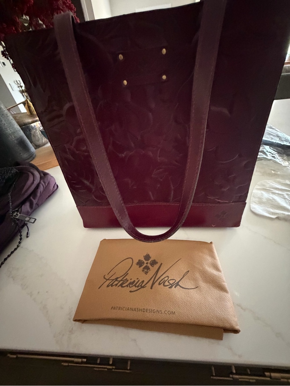 Patricia Nash Deep Burgundy Leather Floral-Embossed Shoulder Tote